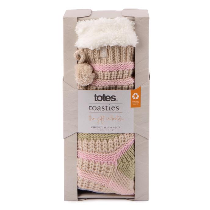 totes Ladies Textured Stripe Slipper Socks Cream Extra Image 4